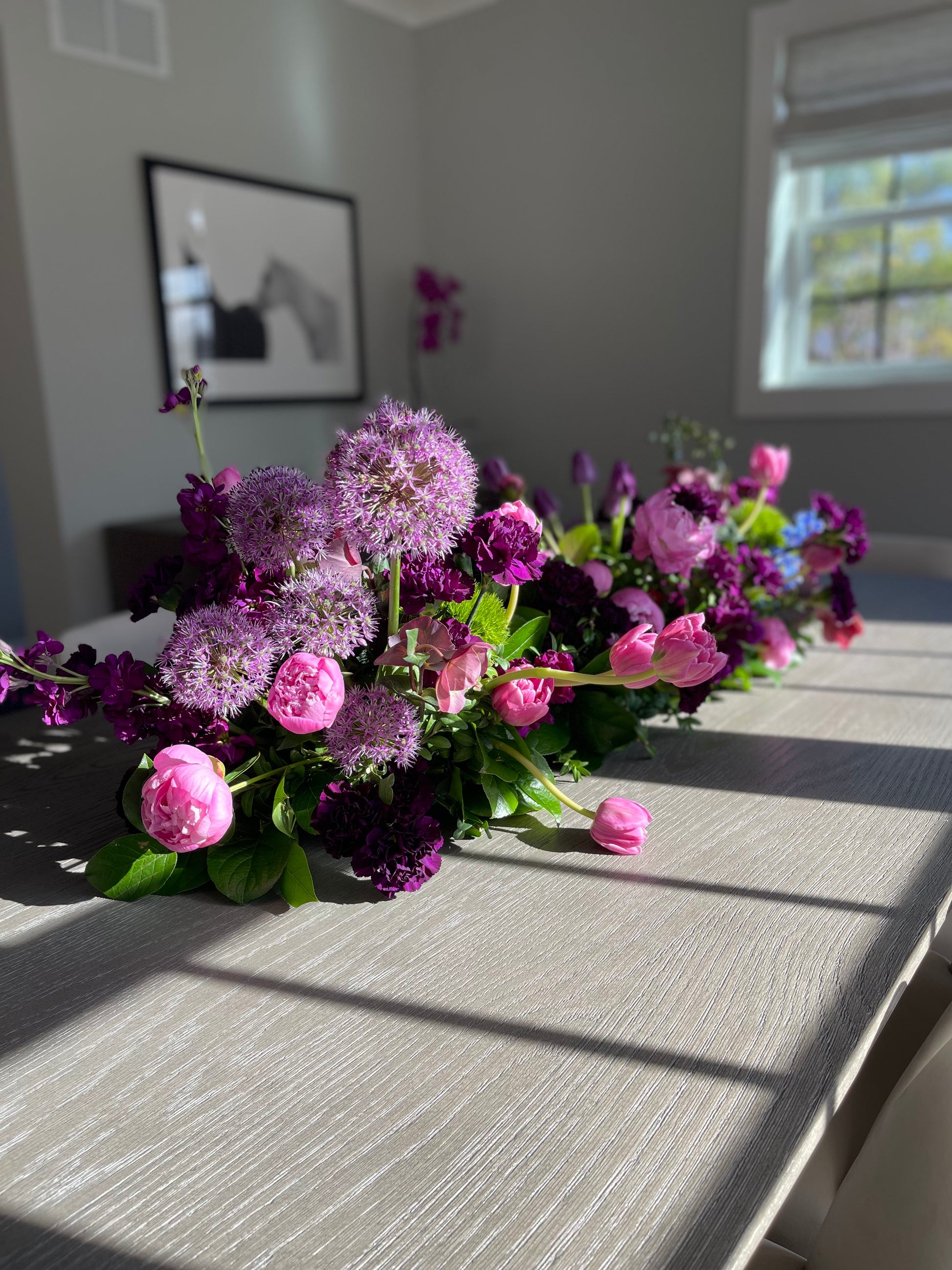 Long Runner of spring flowers for dinner table by Luminous Blooms, Highland Park, IL